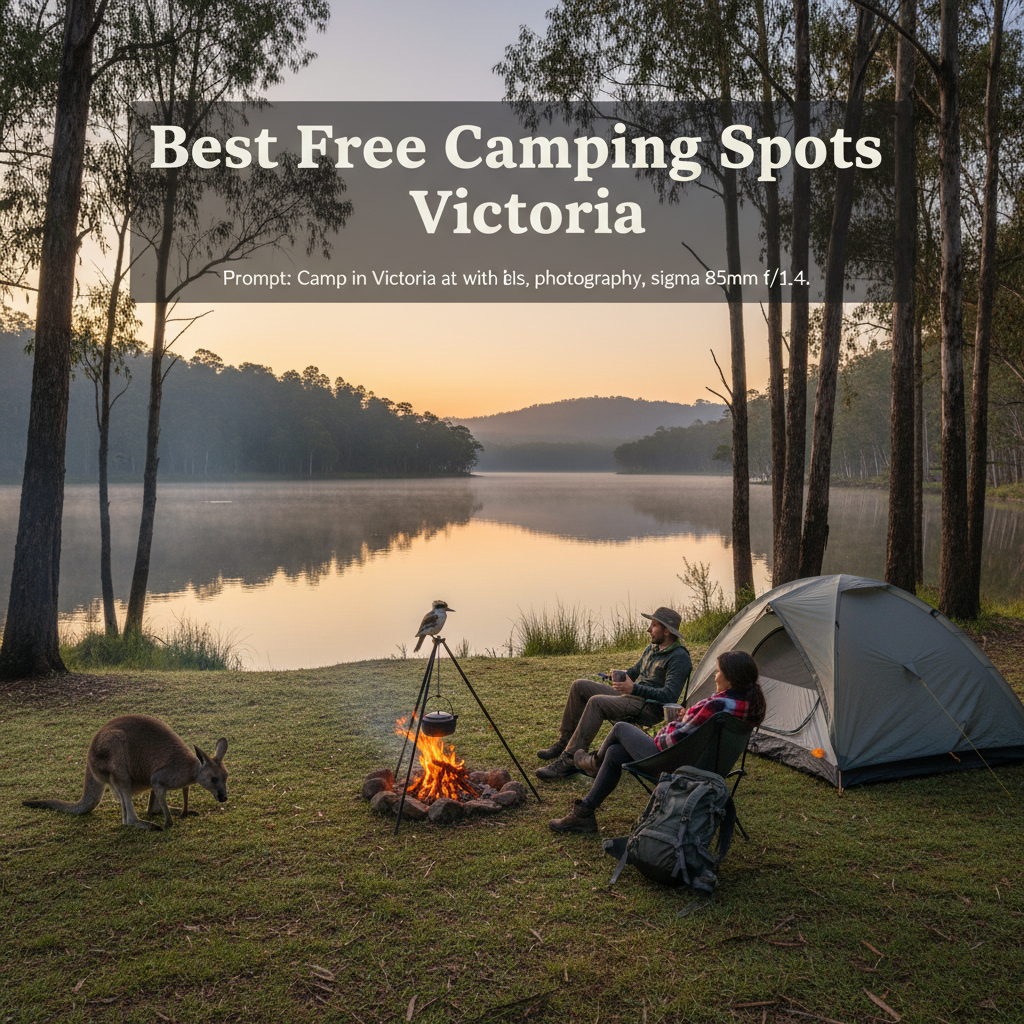 alt_text Campers by a lake in Victoria at sunrise, with tent, campfire, and native wildlife in lush bushland.