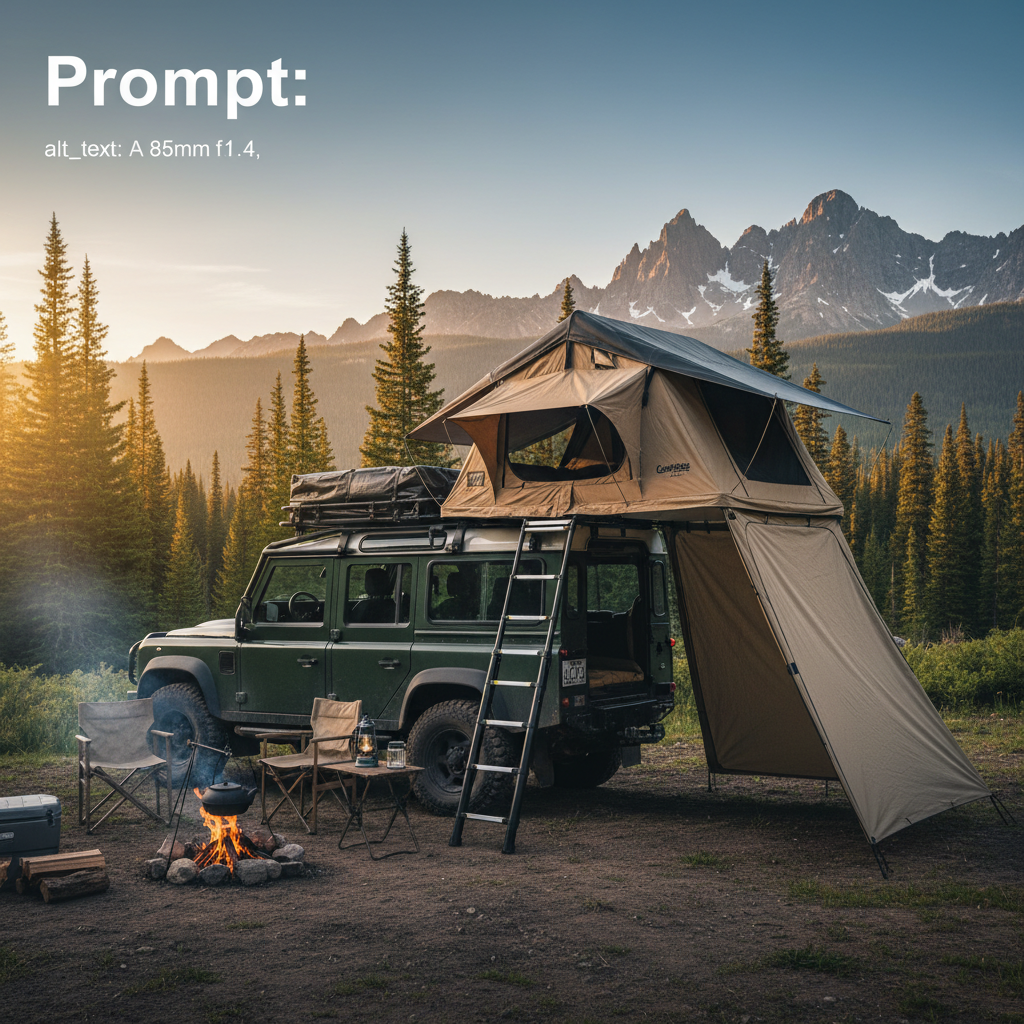 alt_text A rooftop tent on a 4x4 in nature at sunset, with camp gear, pine trees, mountains, and a cozy fire.