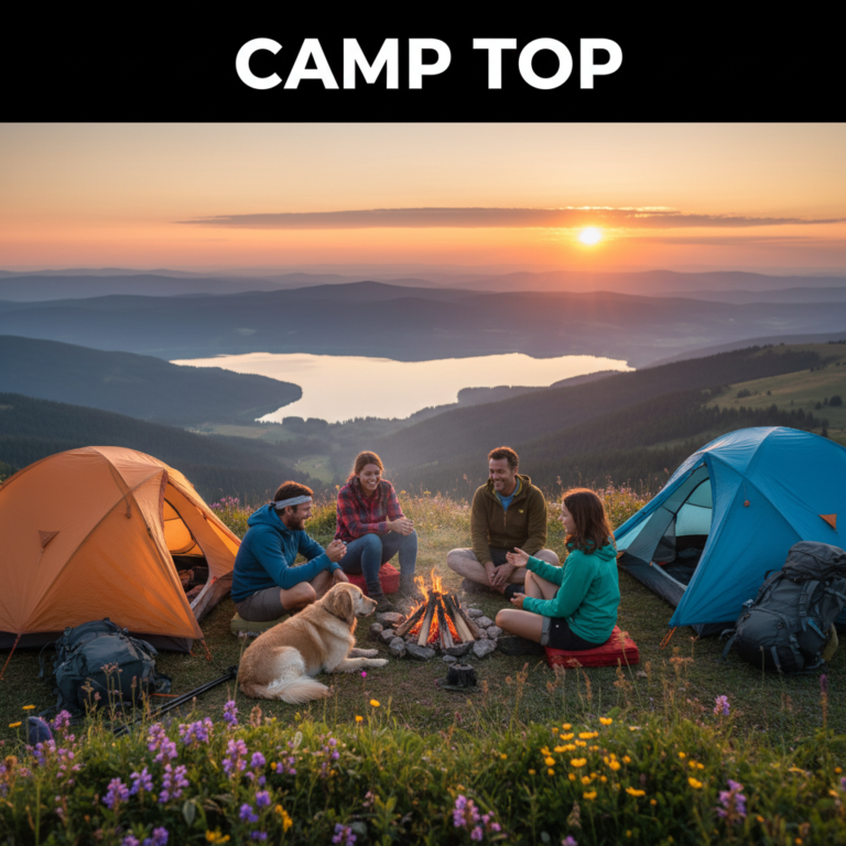 Campers and a dog gather by a campfire atop a scenic mountain with tents, sunrise, and stunning views.