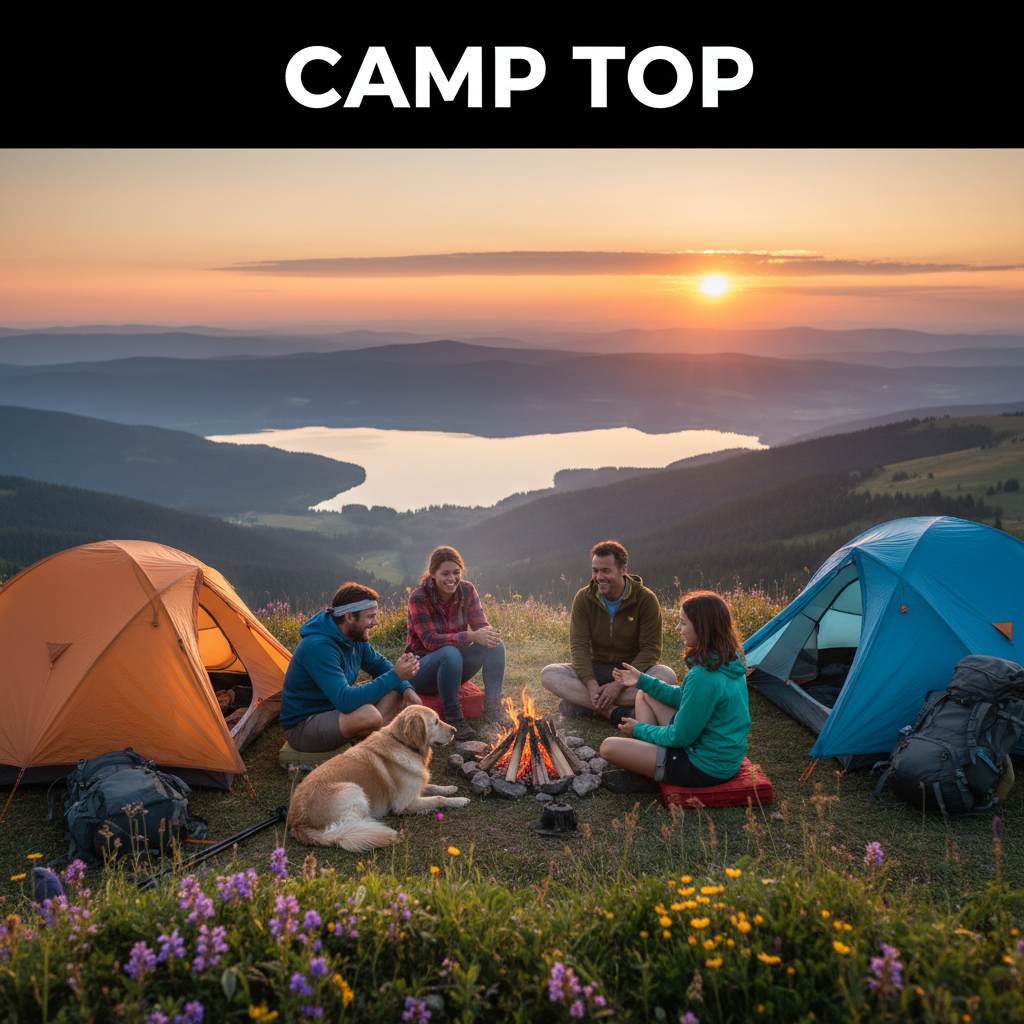 Campers and a dog gather by a campfire atop a scenic mountain with tents, sunrise, and stunning views.