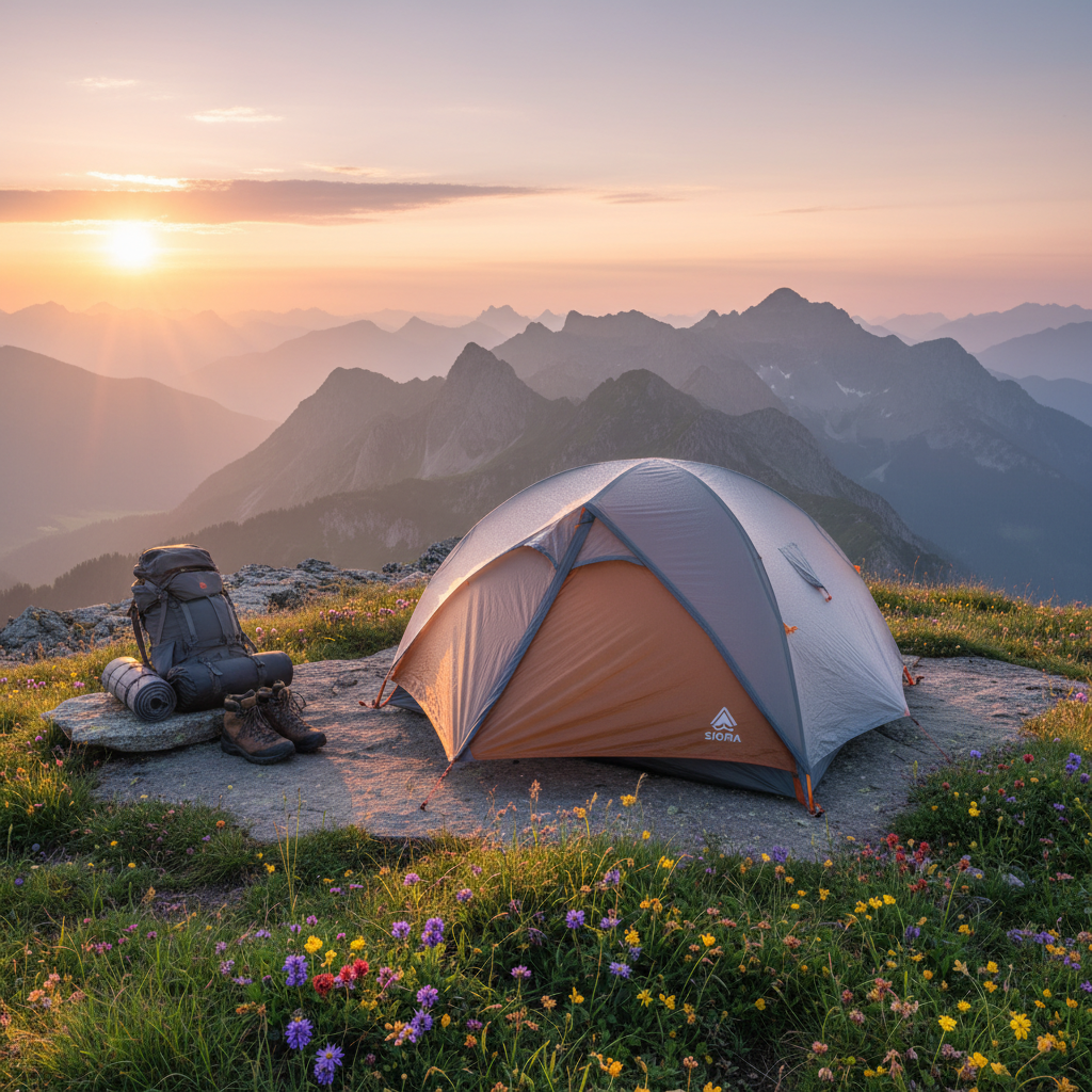 alt_text A high-end tent on a scenic mountain at sunrise, surrounded by wildflowers, gear, and misty peaks.