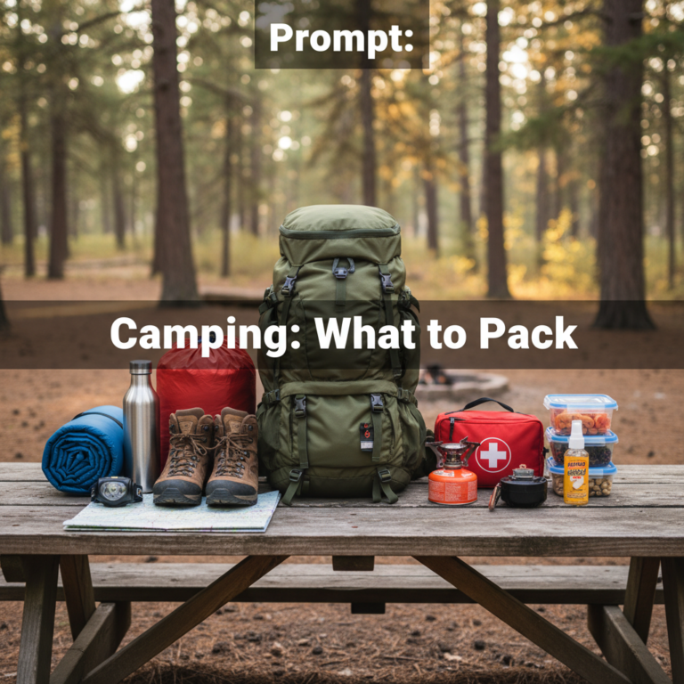 Camping gear essentials neatly arranged on a table outdoors, ready for a practical packing checklist.