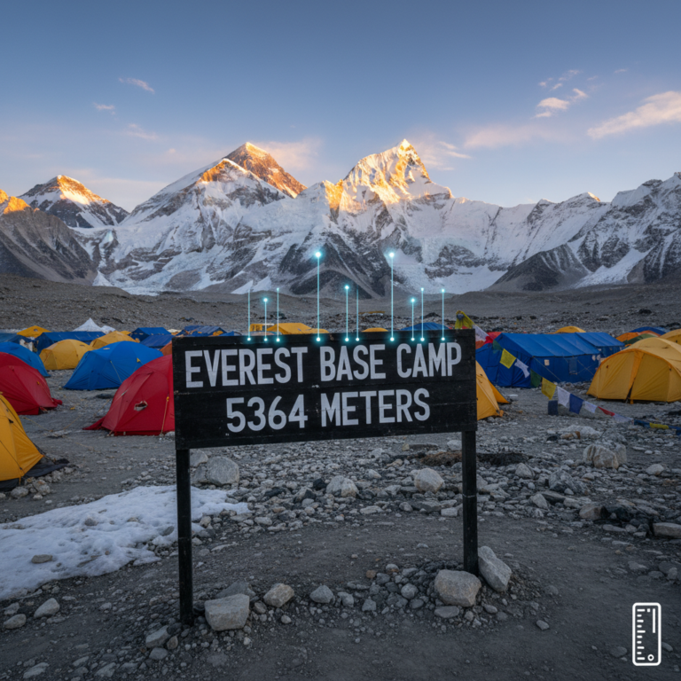 Dawn at Everest Base Camp: vibrant tents, towering peaks, and a bold sign showing 5364 meters elevation.