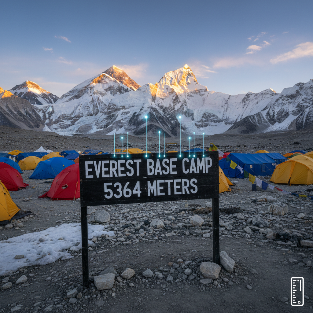 Dawn at Everest Base Camp: vibrant tents, towering peaks, and a bold sign showing 5364 meters elevation.