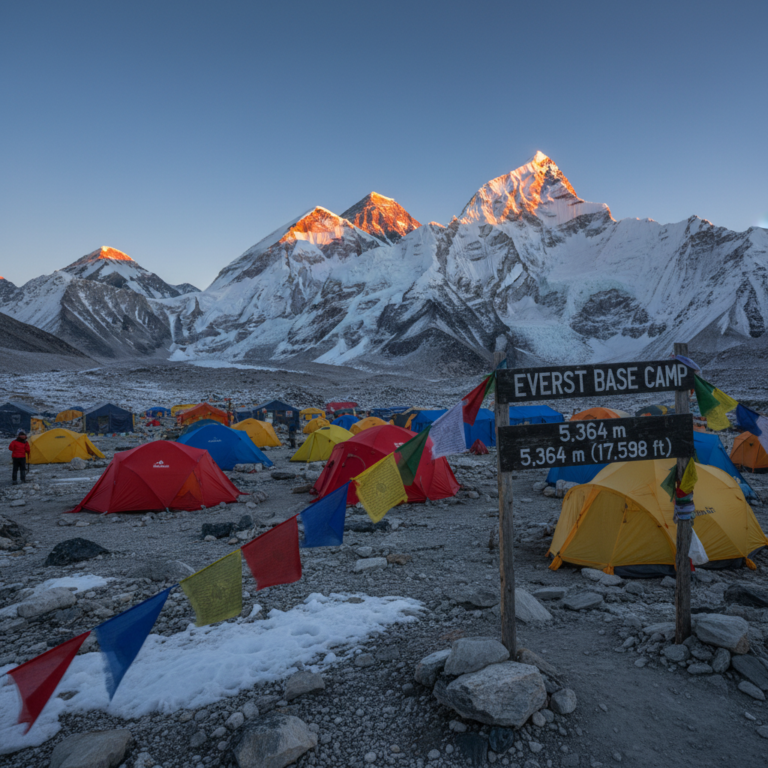 Everest Base Camp at sunrise with colorful tents, prayer flags, and elevation sign amid snowy peaks.