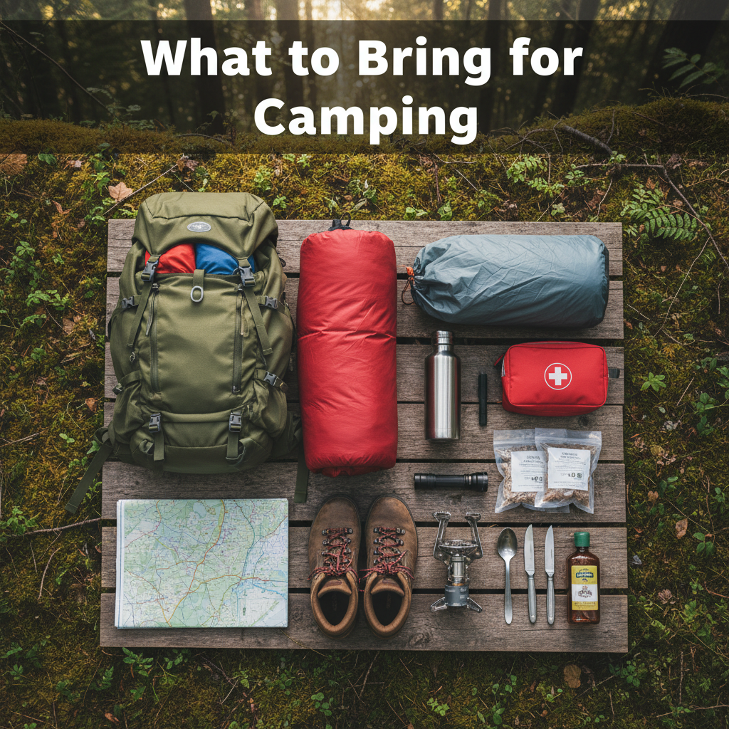 Essential camping gear neatly arranged outdoors, showcasing what to pack for a successful trip.