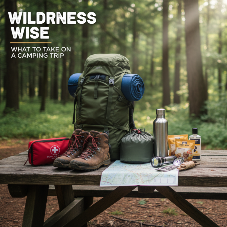 Essential camping gear neatly arranged on wood with a forest backdrop; adventure-themed magazine cover.