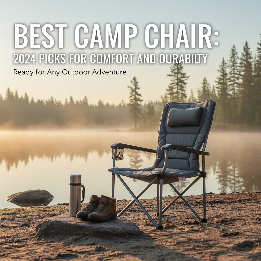 Premium camp chair by a misty lake at sunrise, with boots and thermos, ready for outdoor adventure.