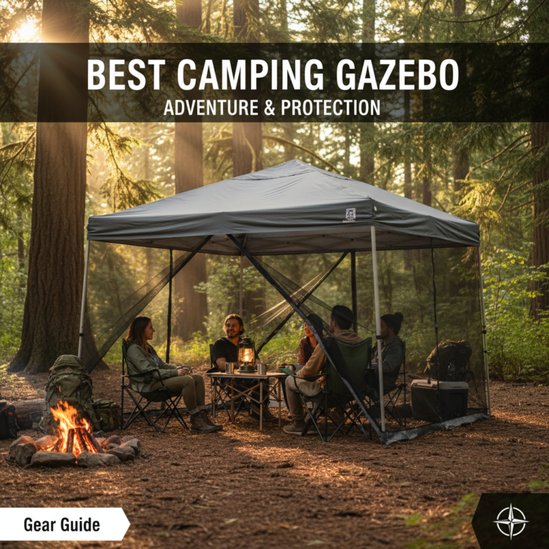 alt_text Campers relax in a spacious mesh camping gazebo at sunset, surrounded by forest and cozy camp gear.