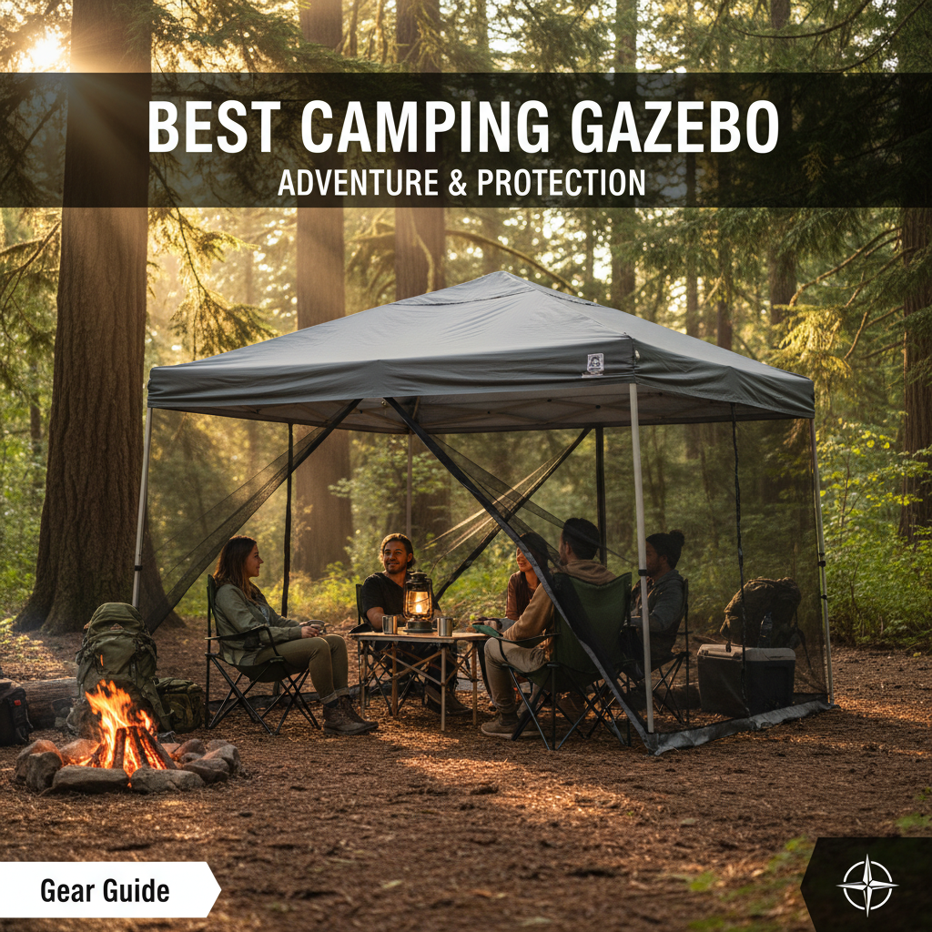 alt_text Campers relax in a spacious mesh camping gazebo at sunset, surrounded by forest and cozy camp gear.