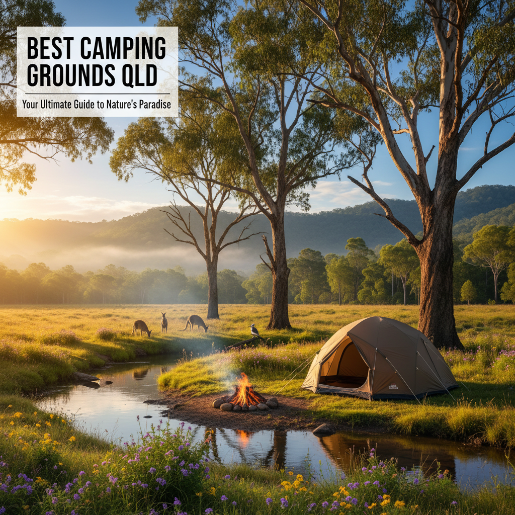 Scenic QLD campsite at sunrise with tent, campfire, wildlife, wildflowers, creek, and gum trees