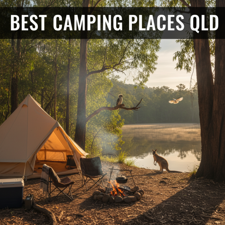Campsite by a lake in Queensland bushland with wildlife, campfire, and "Best Camping Places QLD" title.