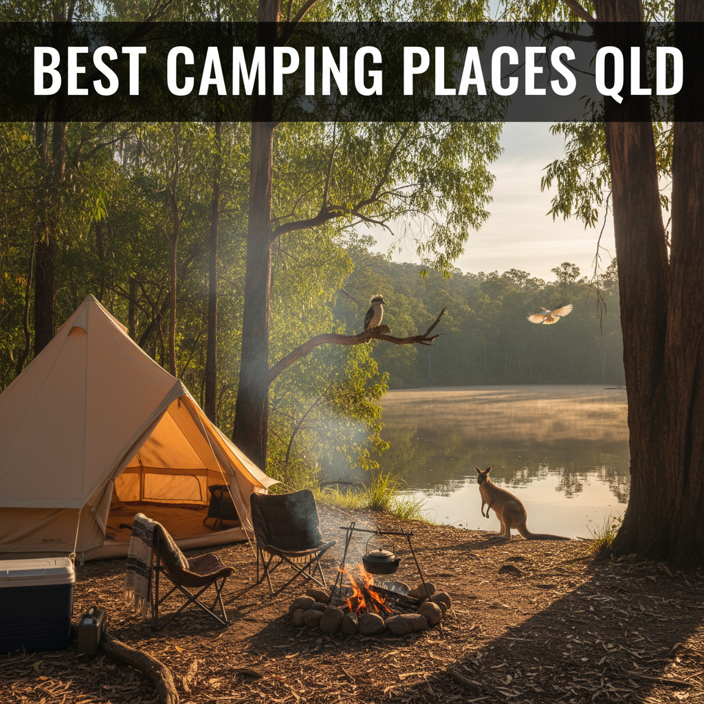Campsite by a lake in Queensland bushland with wildlife, campfire, and "Best Camping Places QLD" title.