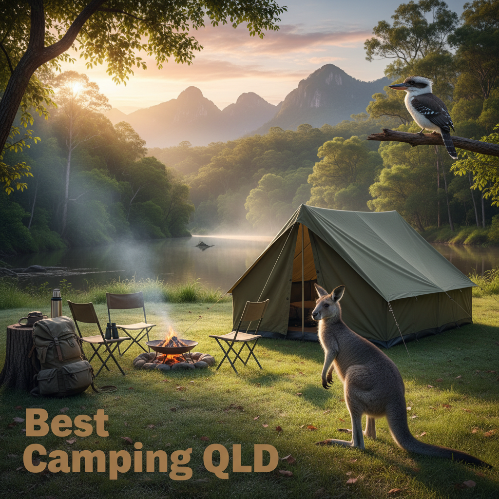 Best Camping QLD: Sunrise camp by river with tent, kangaroo, and rainforest, capturing Aussie adventure.