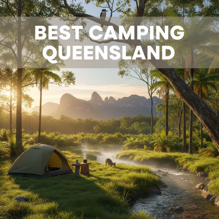 Idyllic Queensland campsite at sunrise with wildlife, creek, and mountains for "Best Camping Queensland."
