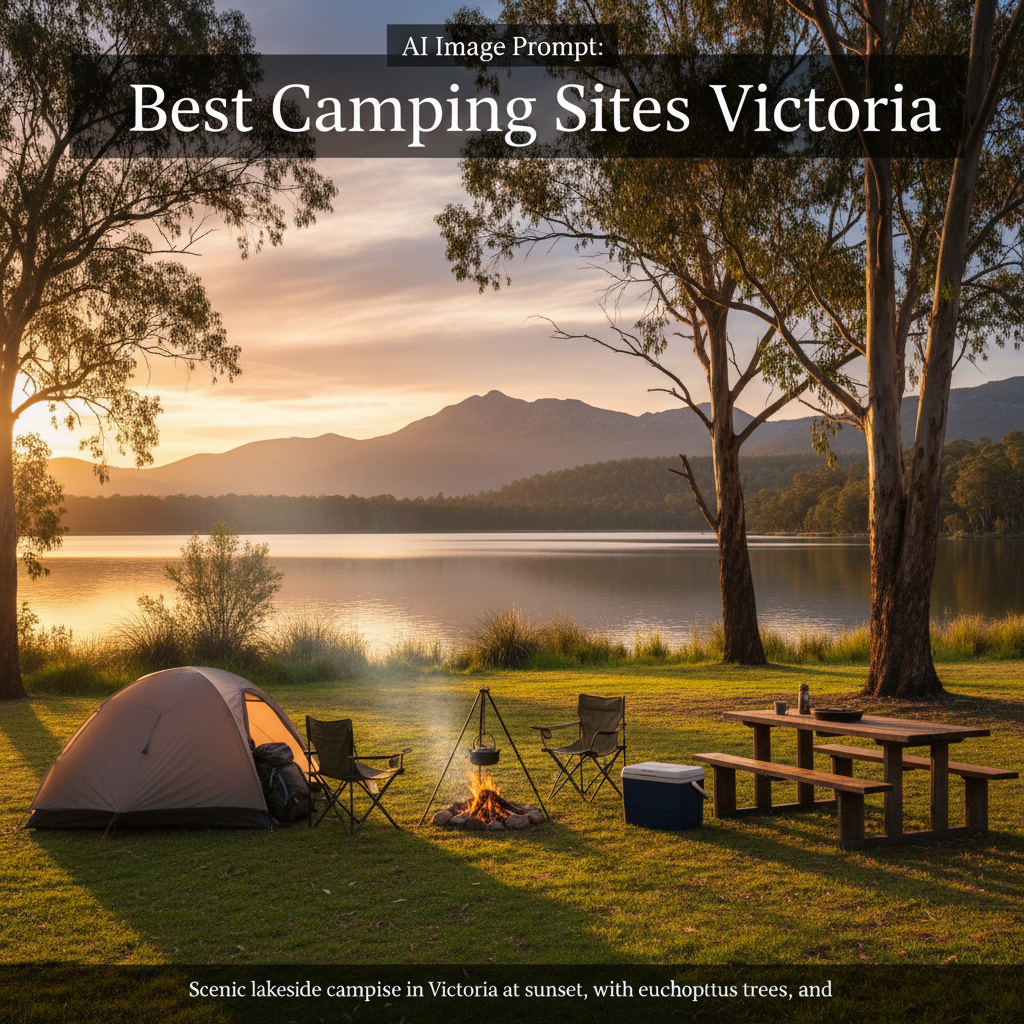 alt_text Scenic lakeside campsite in Victoria at sunset, with tent, campfire, eucalyptus trees, and mountains.