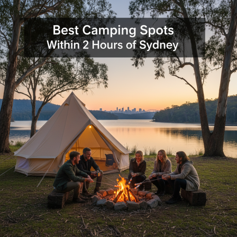 Group camping by a lake with a tent, campfire, Aussie bush, and Sydney in the distance at sunset.