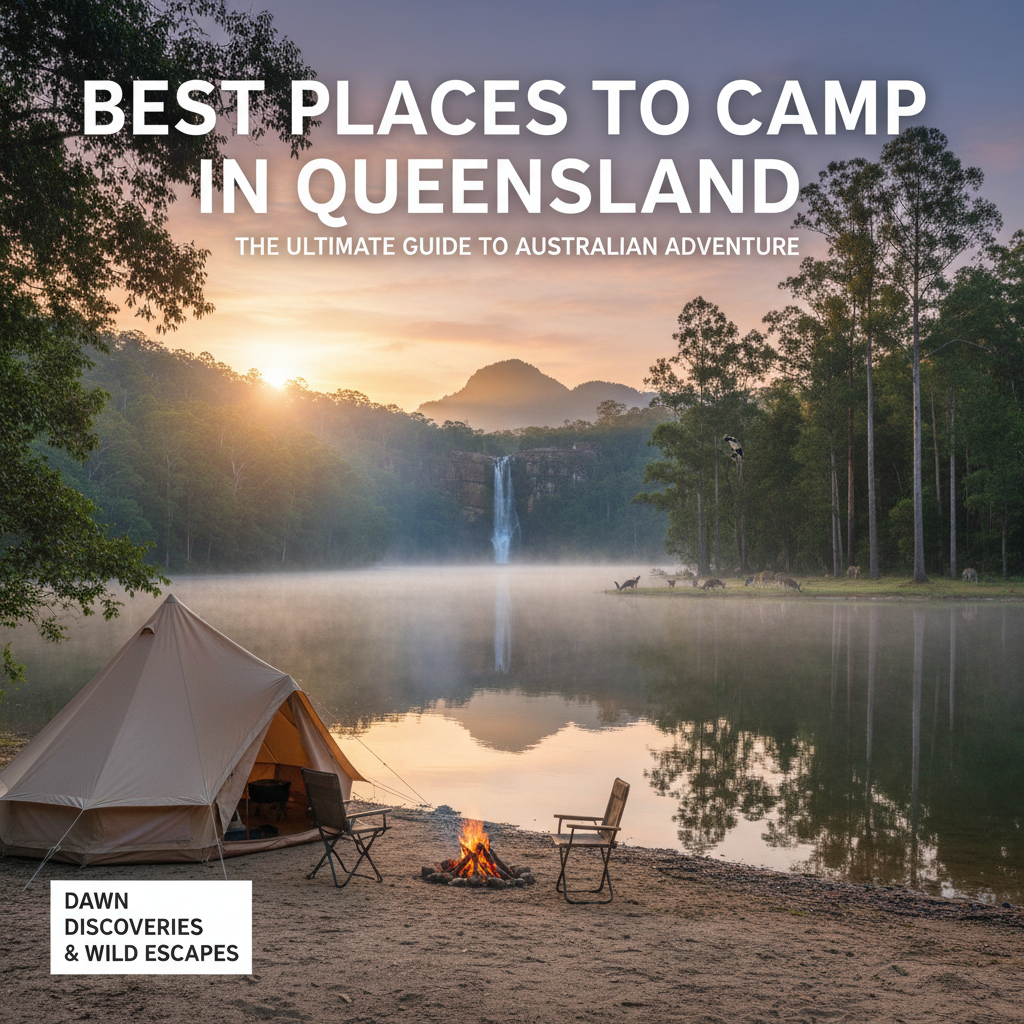 Dawn campsite by a misty Queensland lake with tent, campfire, rainforest, and native wildlife.